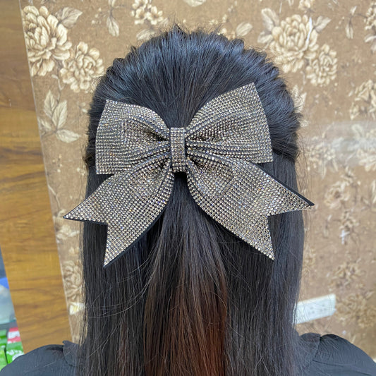 Large crystal Bow- Gunmetal