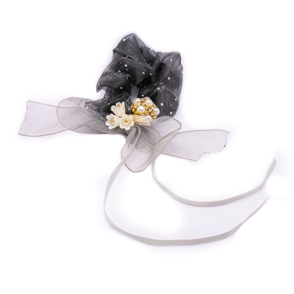 HAIR SCRUNCHIE - BLACK WITH CRYSTAL FLOWERS