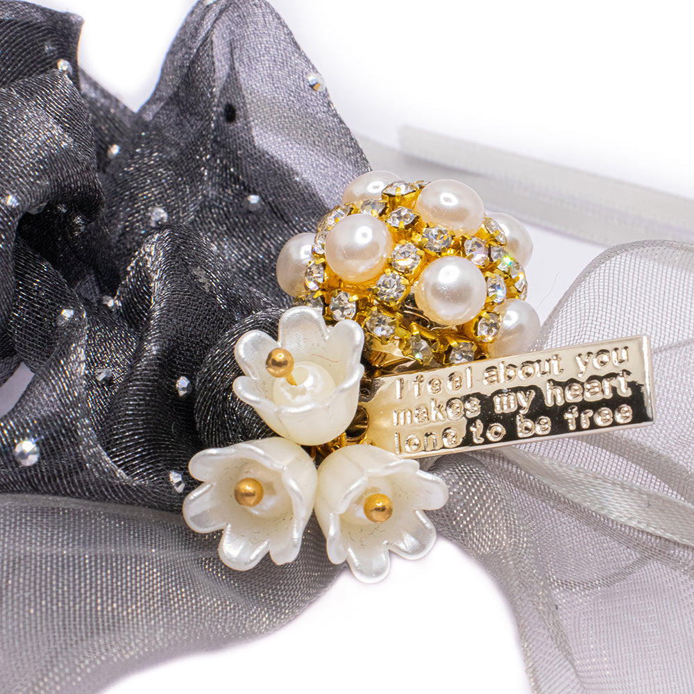 HAIR SCRUNCHIE - BLACK WITH CRYSTAL FLOWERS