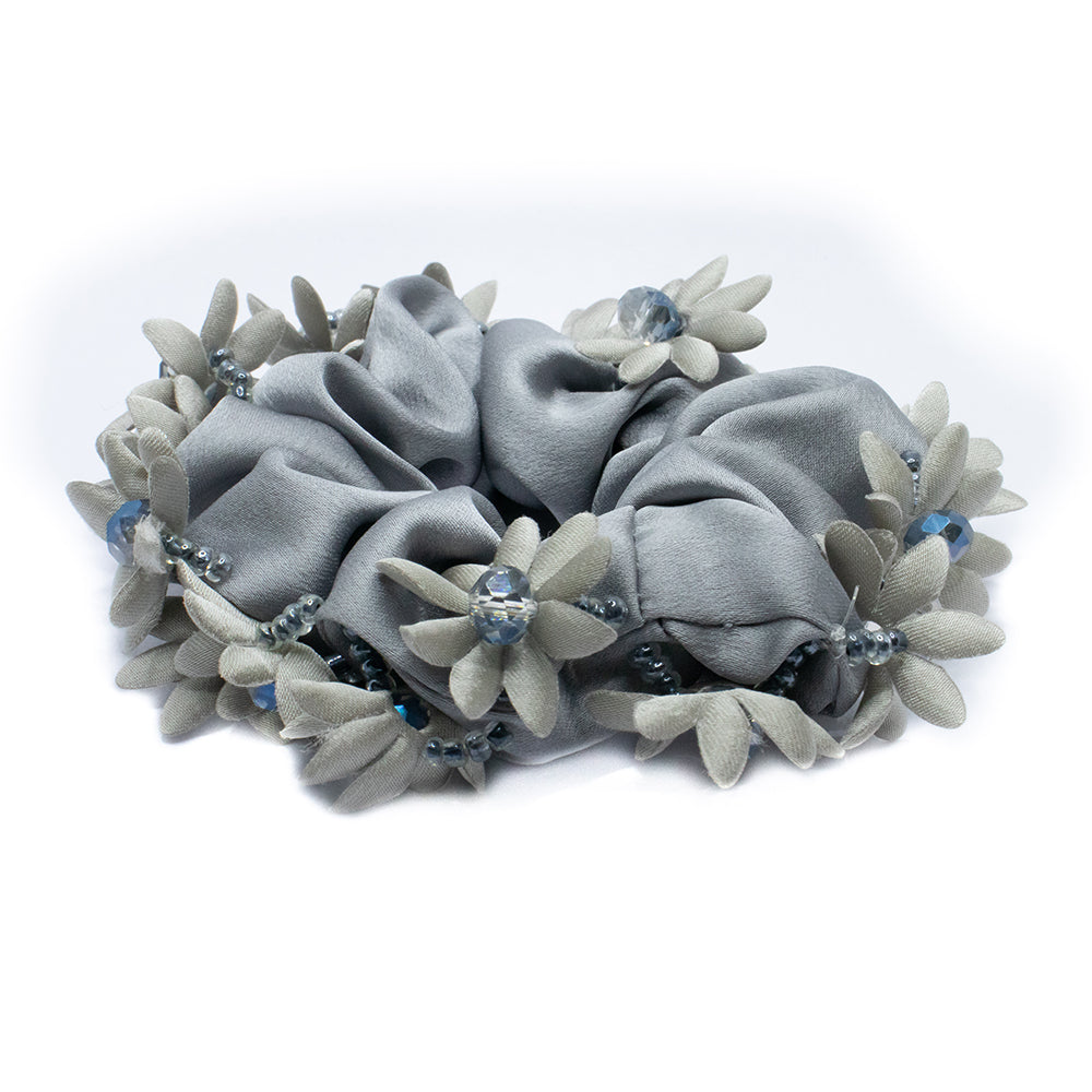 FLORAL HAIR SCRUNCHIE - GREY