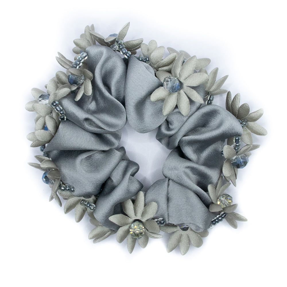 FLORAL HAIR SCRUNCHIE - GREY